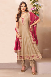 Beige Art Silk Anarkali Suit with Sequin Embroidery Work - beige silk saree embroidery