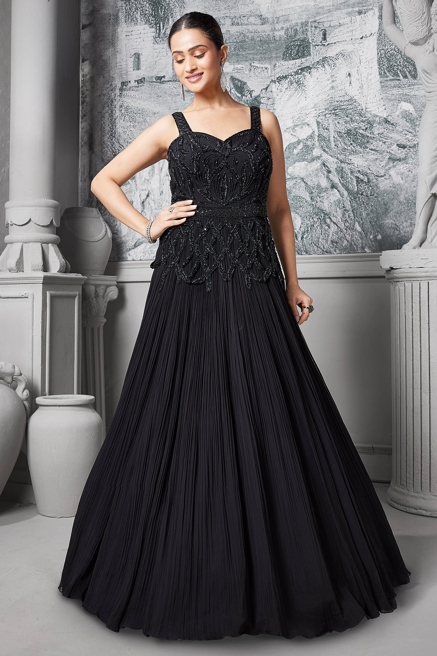 Black Georgette Cutdana and Beaded Gown - black georgette saree