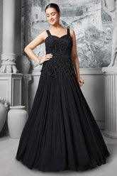 Black Georgette Cutdana and Beaded Gown - black georgette saree