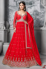 Red Chinon Anarkali Suit with Sequin and Mirror Work