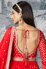 Red Chinon Anarkali Suit with Sequin and Mirror Work - red saree