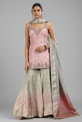 Light Pink Tissue Sequin and Mirror Worked Palazzo Suit - pink saree