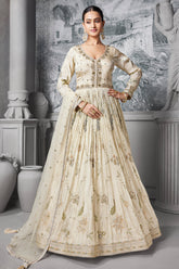 Cream Chinon Floral Embroidery and Sequin and Mirror Worked Anarkali Suit