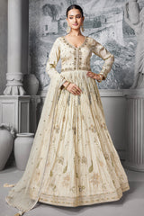 Cream Chinon Floral Embroidery and Sequin and Mirror Worked Anarkali Suit