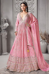 Pink Tissue Mirror Sequin Worked V Neck Anarkali Suit