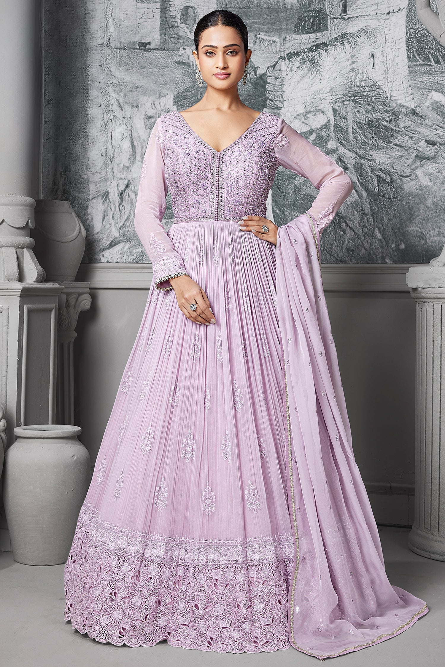 Lavender Purple Georgette Mirror and Sequin Bodice Anarkali Suit with Cutwork Floral Border - purple georgette saree