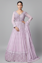Lavender Purple Georgette Mirror and Sequin Bodice Anarkali Suit with Cutwork Floral Border - purple georgette saree