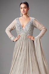 Silver Georgette Sequinned V Neck Anarkali Suit - silver georgette saree