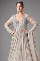 Silver Georgette Sequinned V Neck Anarkali Suit - silver georgette saree