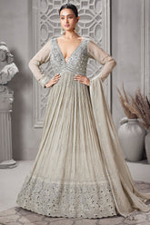 Silver Georgette Sequinned V Neck Anarkali Suit - silver georgette saree