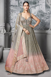 Grey and Pink Tissue Anarkali Suit with Sequinned and Beads Work