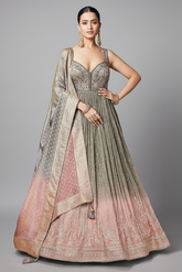 Grey and Pink Tissue Anarkali Suit with Sequinned and Beads Work - pink saree
