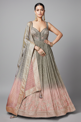 Grey and Pink Tissue Anarkali Suit with Sequinned and Beads Work - pink saree