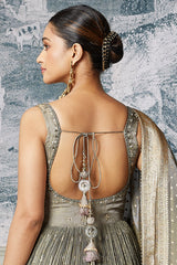 Grey and Pink Tissue Anarkali Suit with Sequinned and Beads Work