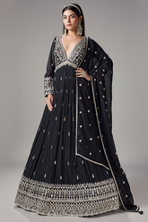 Black Chinon Mirror and Embroidered V Neck Anarkali Suit - red saree embroidered
