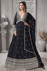 Black Chinon Mirror and Embroidered V Neck Anarkali Suit