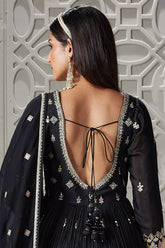 Black Chinon Mirror and Embroidered V Neck Anarkali Suit - red saree embroidered