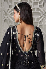Black Chinon Mirror and Embroidered V Neck Anarkali Suit