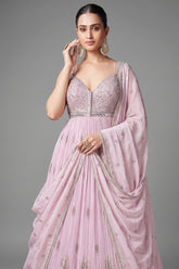 Light Pink Georgette Mirror Worked Anarkali Suit with Floral Embroidery Border - pink georgette saree embroidery