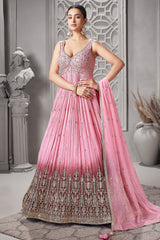 Light Pink and Magenta Ombre Georgette Mirror and Sequin Worked Anarkali Suit