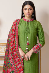 Olive Green Art Silk Sequin Worked High Neck Straight Cut Suit with Patola Dupatta