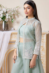 Powder Blue Tissue Sequin Embroidered Crop Top Palazzo Set with Jacket