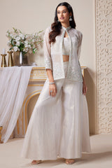 Pearl White Tissue Sequin Embroidered Crop Top Palazzo Set with Jacket