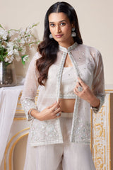 Pearl White Tissue Sequin Embroidered Crop Top Palazzo Set with Jacket