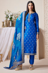 Blue Art Silk Straight Cut Suit Sequin Embroidery Work