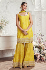 Yellow Chinon Crepe Bandhej Printed Sharara Suit with Cutdana and Mirror Work