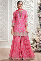 Pink Chinon Crepe Bandhej Printed Sharara Suit with Scallop Sequin Work
