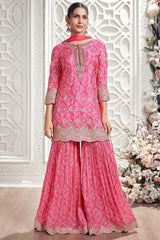 Pink Chinon Crepe Bandhej Printed Sharara Suit with Scallop Sequin Work