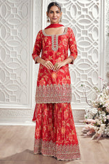 Red Chinon Crepe Floral Pritned Sharara Suit with Mirror and Cutdana Work