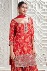 Red Chinon Crepe Floral Pritned Sharara Suit with Mirror and Cutdana Work
