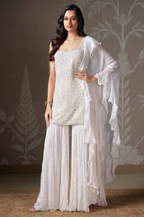Pearl White Tissue Floral Embroidered Sharara Suit with Sequin and Cutdana Work