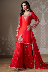 Red Satin Organza Sequin Worked Sharara Suit