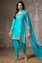 Turquoise Blue Satin Organza Sequin Worked Dhoti Suit