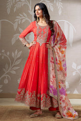Red Chinon Georgette Sequin Embroidered Anarkali Suit with Floral Print Dupatta
