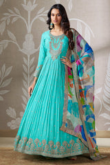 Aqua Blue Georgette Chinon Sequin Worked Anarkali Suit