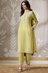 Pista Green Tissue Organza Straight Cut Beaded and Cutdana Worked Suit