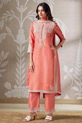 Coral Peach Tissue Organza Straight Cut Beaded and Cutdana Worked Suit