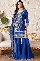 Blue Satin Organza Sequin Embroidered Sharara Suit