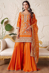 Orange Satin Organza Sequin Embroidered Sharara Suit