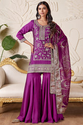 Purple Satin Organza Sequin Embroidered Sharara Suit