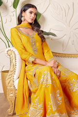 Yellow Tissue Silk Sequin Worked Straight Cut Palazzo Suit