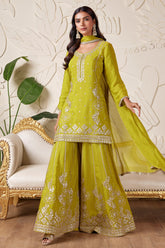 Olive Green Tissue Silk Sequin Worked Straight Cut Palazzo Suit