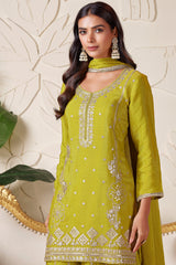 Olive Green Tissue Silk Sequin Worked Straight Cut Palazzo Suit