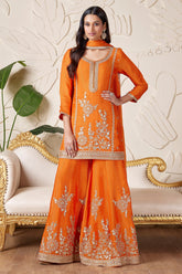 Orange Tissue Silk Sequinned Palazzo Suit