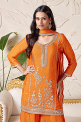 Orange Tissue Silk Sequinned Palazzo Suit