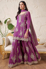 Purple Tissue Silk Sequinned Palazzo Suit